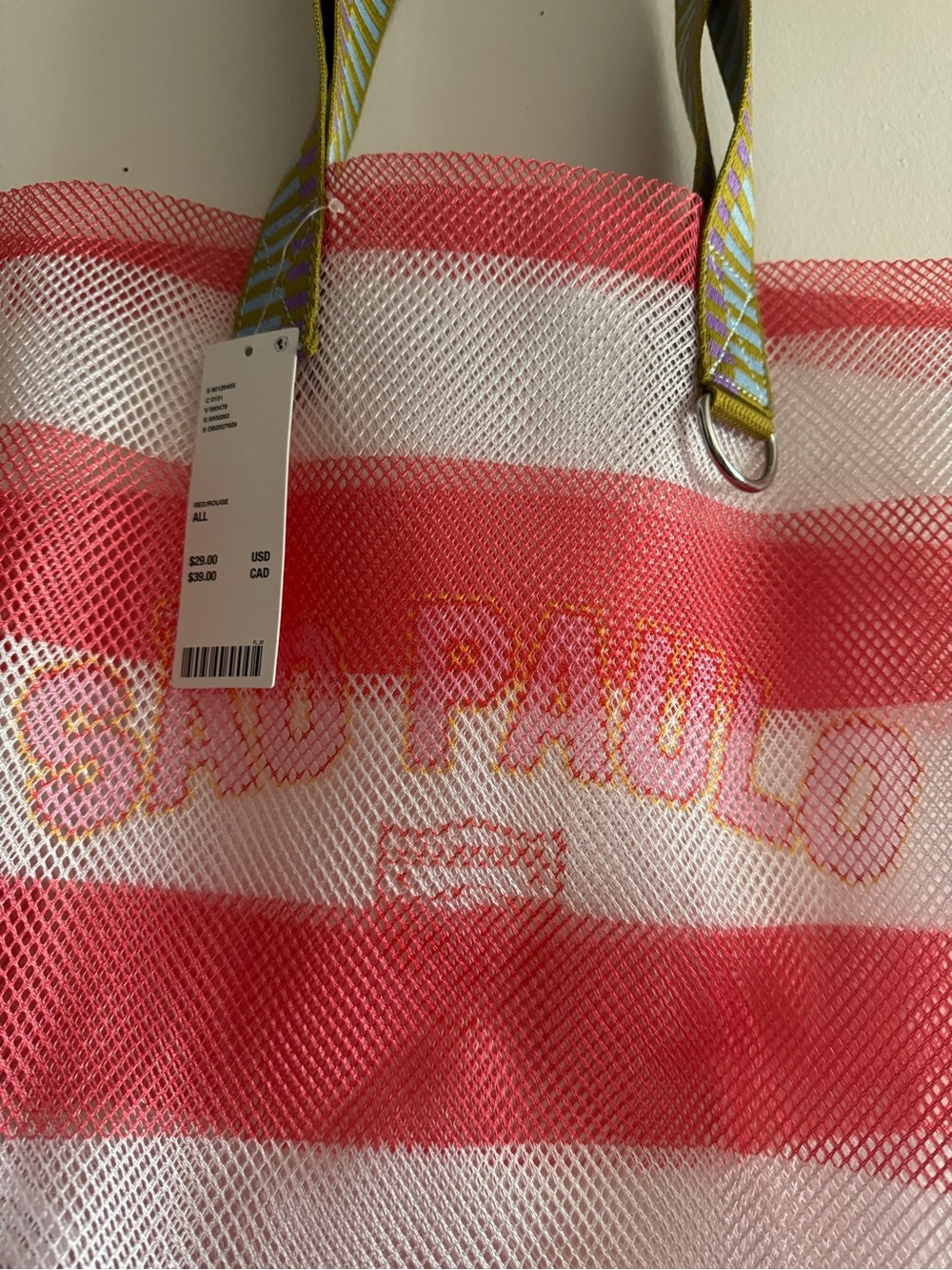 Summer Beach Ready São Paulo Pink & White Striped Mesh Tote w/add-on pouch. NWT.